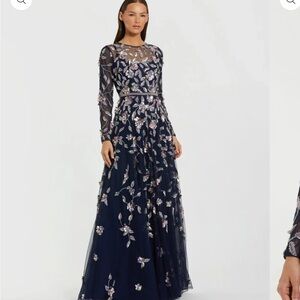 Mac Duggal Navy Long Sleeve Floral Gown